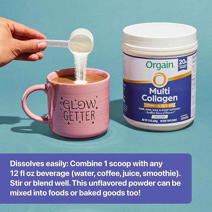 Orgain Hydrolyzed Multi Collagen Powder for Women & Men, 20g Collagen, Supports Hair, Skin, Nail & Joint Health, Type I, II, III, V, X, Vitamin C & Amino Acids, Non-GMO, Unflavored (21 Servings) 15oz