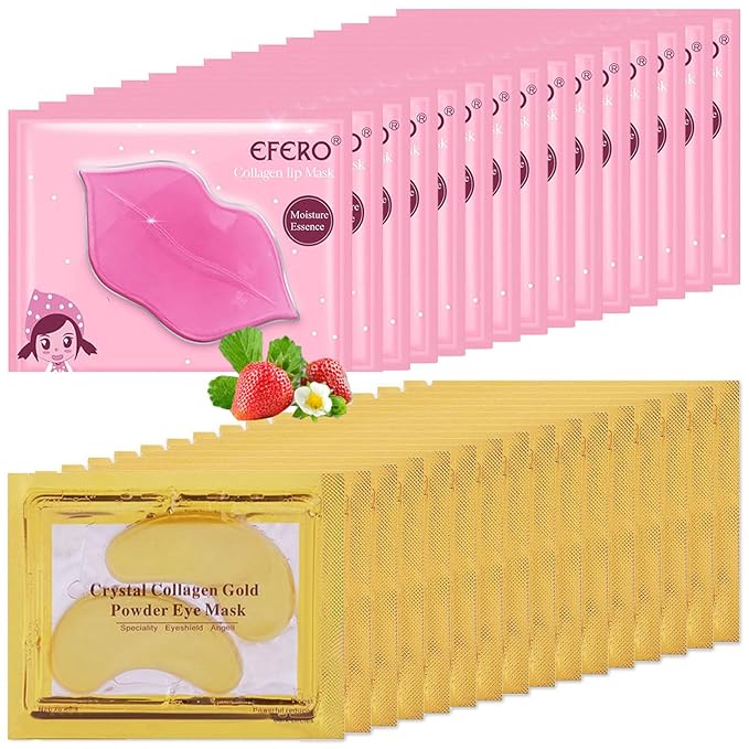 30 Pairs Lip Mask & Under Eye Mask, 24K Crystal Collagen Under Eye Patches for Puffy Eyes, Reducing Fine Lines & Dark Circle, Collagen Lip Mask Sheet Effectively Nourishes the Lip & Eye Skin