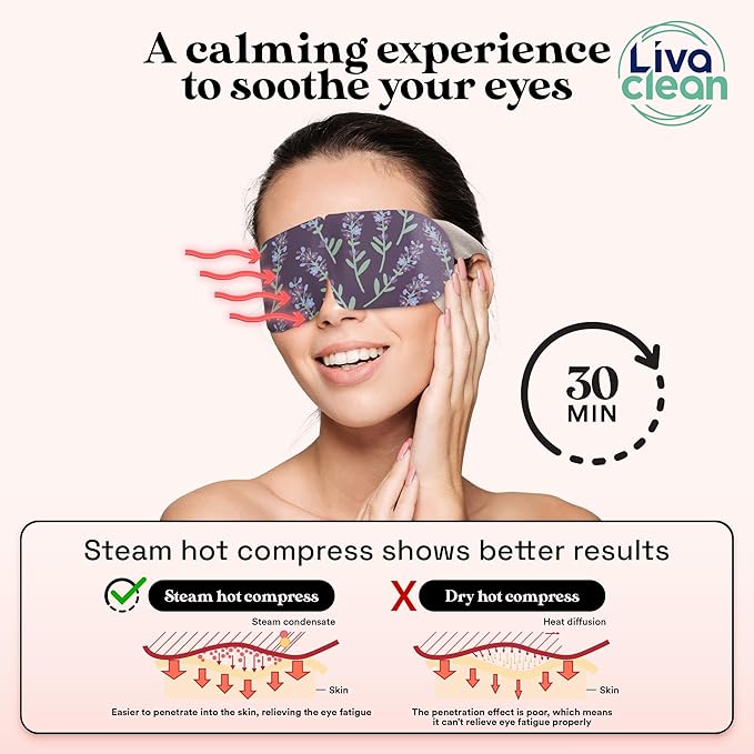 LivaClean 24 Steam Eye Mask for Dry Eyes, Dark Circles & Puffiness, Warm & Self Heating, Ear Hooks to Stay On, Lavendar, Chamile & Unscented, Disposable
