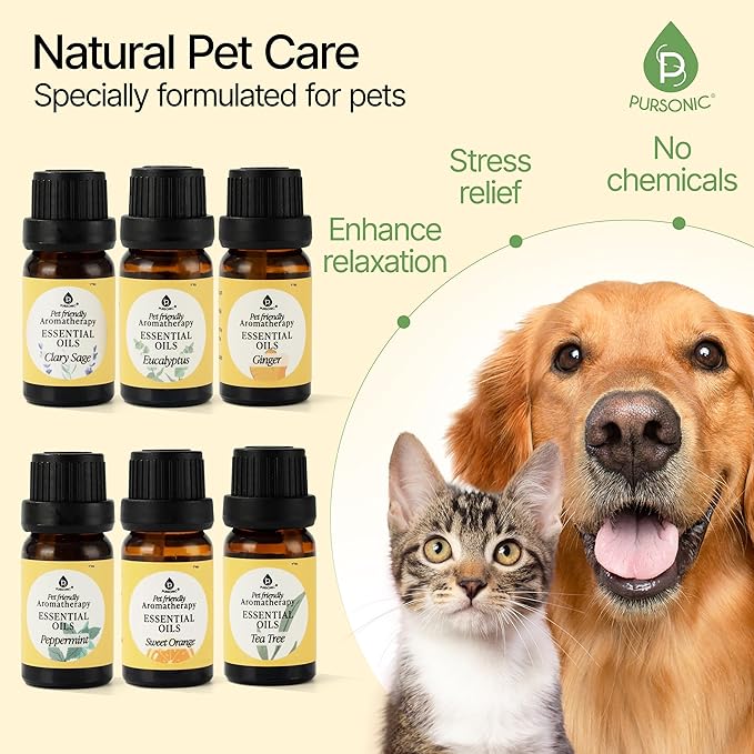 Pursonic Pet-Friendly Aromatherapy Oil Blends, 6-Piece Set with Eucalyptus, Sweet Orange, Peppermint, Clary Sage, Tea Tree, Ginger - Vet-Approved, Pet-Safe Aromatherapy, 10 ML