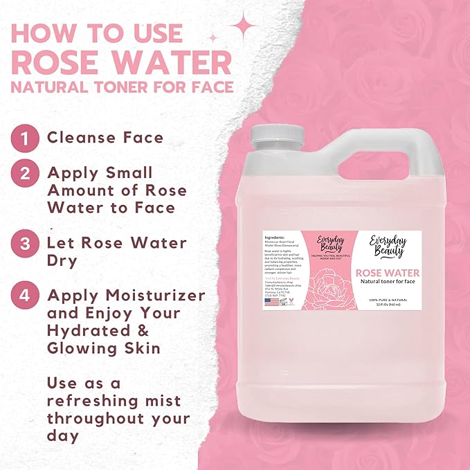 Rose Water Facial Toner - 32oz Bulk Alcohol-Free Vegan All Natural Refreshing for Face and Hair - Uplifts, Calming & Soothing for All Skin Types