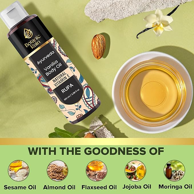 Ayurveda Vanilla Body Oil, Moisturizing & Hydrating Organic Vitamin E Oil, Body Oil For Women After Shower, Ayurveda Products For Crepey Skin - 3.38 Fl Oz (1)