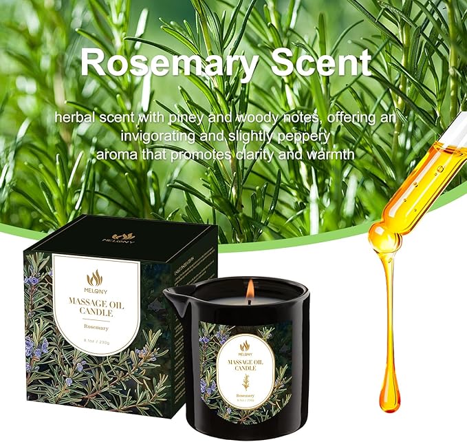 MELONY Aromatherapy Massage Oil Candle, Essential Oil Candle Lotion, 8.1OZ/230g, Home Spa with Luxurious Body Oil Candle, Intensive Skin Treatment Candle, Low Temp Body Safe Wax (Rosemary)