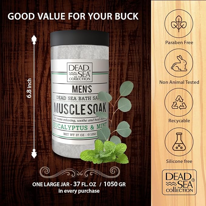 Dead Sea Collection Bath Salts for Men with Eucalyptus & Mint Oils - Muscle Recovery Bath Soak – Mens Pure Dead Sea Salt for Soothing and Relaxing - 37 Oz