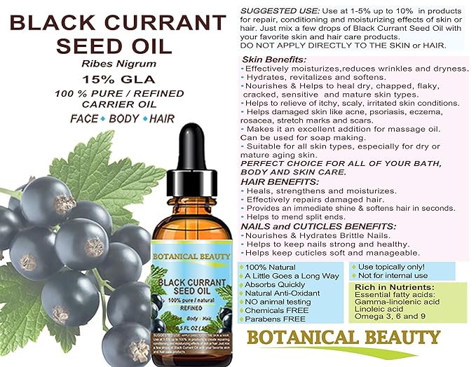 BLACK CURRANT SEED OIL 100% Pure Natural Undiluted Refined Cold Pressed Carrier oil. 2 Fl.oz. - 60ml For Face, Skin, Hair, Lip, Nails. Richest in Gamma Linolenic acid, Omega 3 by Botanical Beauty