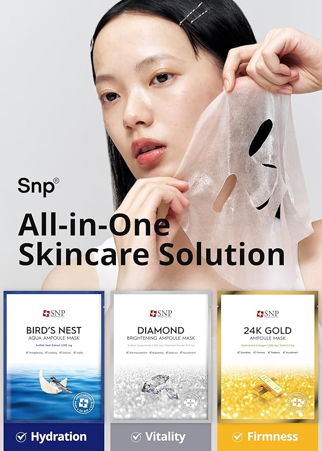 [K Beauty Snp] Variety Ampoule Sheet Mask Set | Bird's Nest, 24K Gold, and Diamond Face Mask | Hydrating, Moisturizing, Nourishing for Sensitive Facial Skin | Korean Face Masks Skincare | 12 Sheets