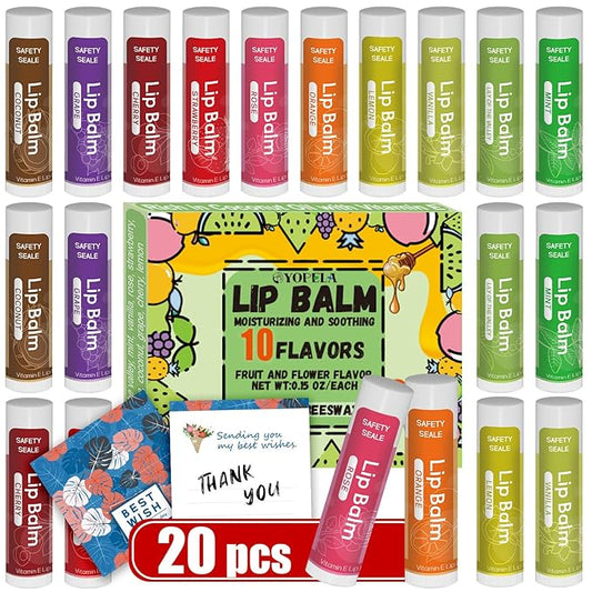 20 Pack Natural Lip Balm Bulk with Vitamin E and Coconut Oil Valentine's Day best choice - Moisturizing, Soothing, and Repairing Dry and Chapped Lips Valentine's Gift - 10 Flavors - Non-GMO