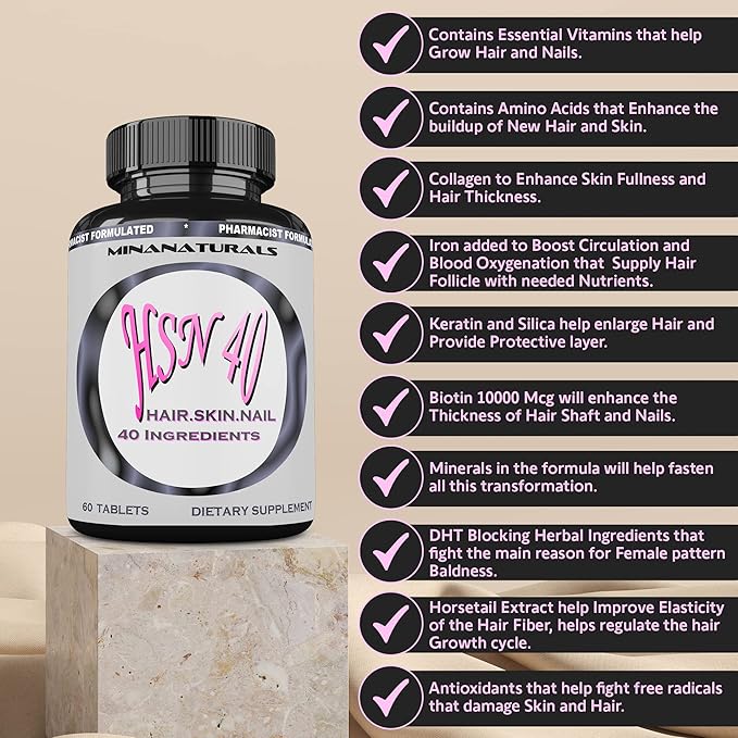 HSN 40 Hair Skin and Nails Growth Vitamins for Women. Biotin 10000 mcg, Keratin, Collagen, for Thicker, Stronger Hair. Tight, Smooth and Soft Skin. Healthy Nails.