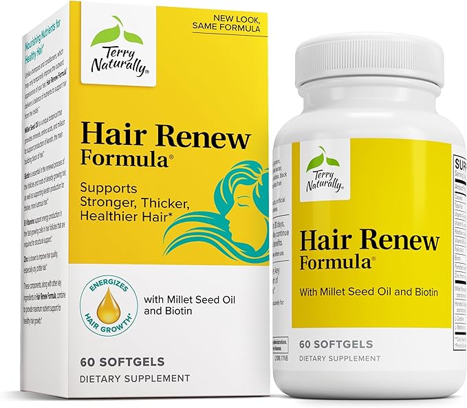 Terry Naturally Hair Renew Formula - Hair Growth Support Supplement with Horsetail Biotin & Folic Acid - Millet Seed Oil for Keratin Production Support - 60 Softgels