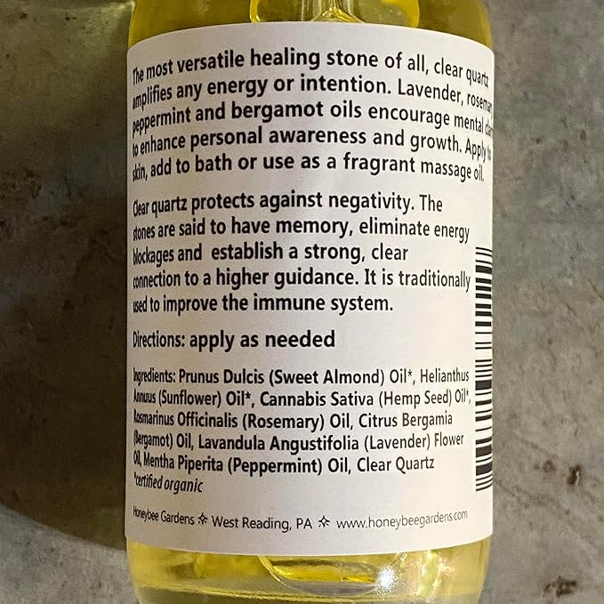 Honeybee Gardens Crystal Infused Body Oil, Clear Quartz, Organic, Moisturizing, Non-Greasy, for All Skin Types, 2 Fl Oz