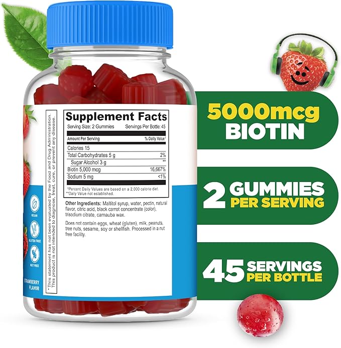 Lifeable Sugar Free Kids Biotin Gummies | 5000mcg | Great Tasting Biotin Supplement | Biotin Gummies for Hair Growth, Skin and Nail Health | Hair Vitamins for Kids, Boys, Girls | 90 Gummies