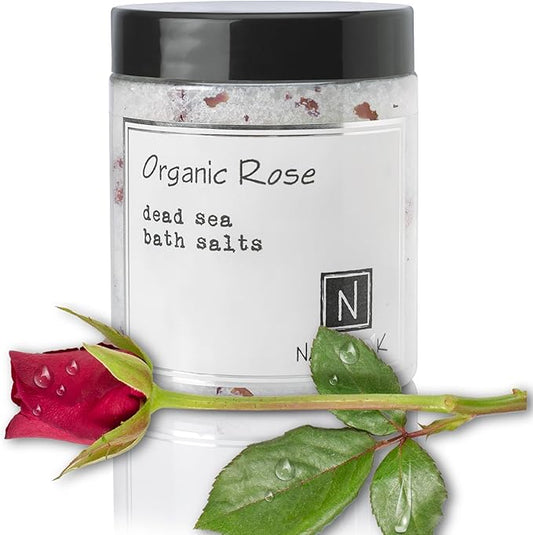 Organic Rose Bath Salts by Nabila K - Dead Sea Salt & Epsom Salt Scrub & Soak - Exfoliates & Hydrates Skin, Botanical Essential Oils - Bubble Bath Accessories for All Skins Types, 2 oz