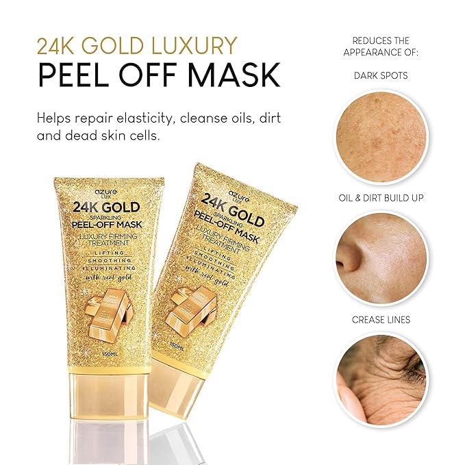 AZURE 24K Gold Firming Peel Off Face Mask- Anti Aging, Lifting, Illuminating & Revitalizing - Removes Blackheads, Dirt & Oils - With Hyaluronic Acid and Collagen - Skin Care - 150mL - 2 Pack