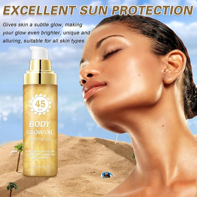 Body Glow Oil,SPF 45 Broad Spectrum,Body Shimmer Oil with Gold Mica,Glitter Sunscreen with Coconut,Lightweight Non-Sticky,Water Resistant,Glowing Results,3.72 fl oz,GOLD