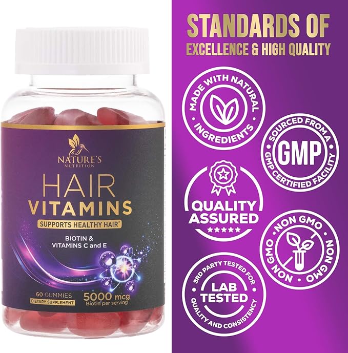 Hair Growth Vitamins Gummy with Biotin 5000mcg - Hair, Skin & Nails Vitamin Supplement for Women & Men, Supports Thicker Hair, Radiant Skin & Stronger Nails with Vitamin E, C & Zinc - 60 Gummies