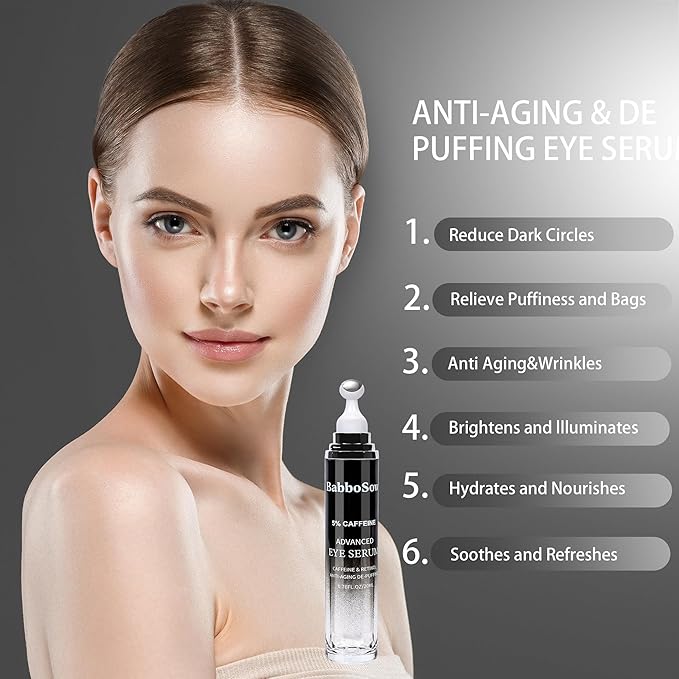 Caffeine Eye Cream - Eye Serum with 5% Caffeine & 5% Retinol Anti-Aging Formula with Hyaluronic Acid Niacinamide & Peptides for Dark Circles, Puffiness & Fine Lines – 360° Massage Roller Ball