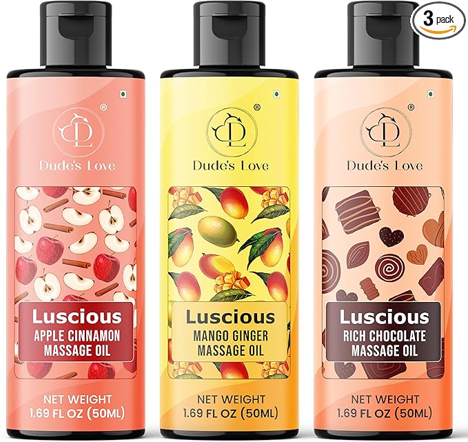 Dude's Love Luscious Flavored Massage Oil Set - Pack of 3 - Organic - Chocolate, Apple Cinnamon, Mango Ginger - Non-Sticky, Nourishing & Moisturizing - Aromatherapy Vegan Oil - 1.69 FL OZ x3