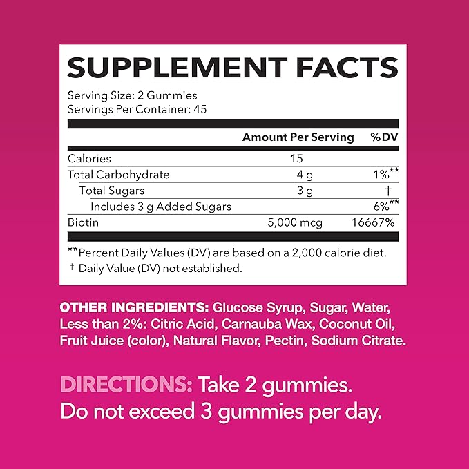5000mcg Biotin Gummies for Hair, Skin and Nails - Vegan Supplement for Women and Men - GLP-1 Nutritional Support to Promote Lucious Locks and Radiant Skin - Vitamin B7 - Strawberry Flavor, 90 count