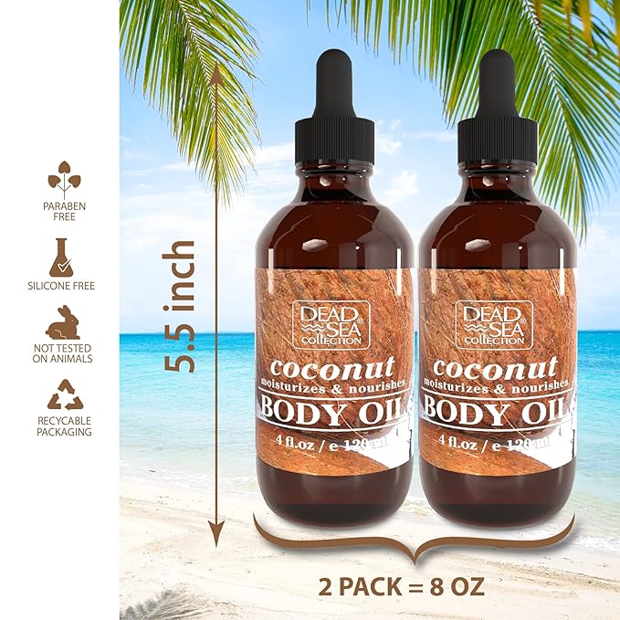 Dead Sea Collection Body Oil for Dry Skin - Collagen & Vitamin E, A, D Moisturizing Oil Pack of 2 (4 Fl.Oz Each) Body Oil - Coconut & Vitamin E, A, D Pack of 2 (4 Fl.Oz Each)