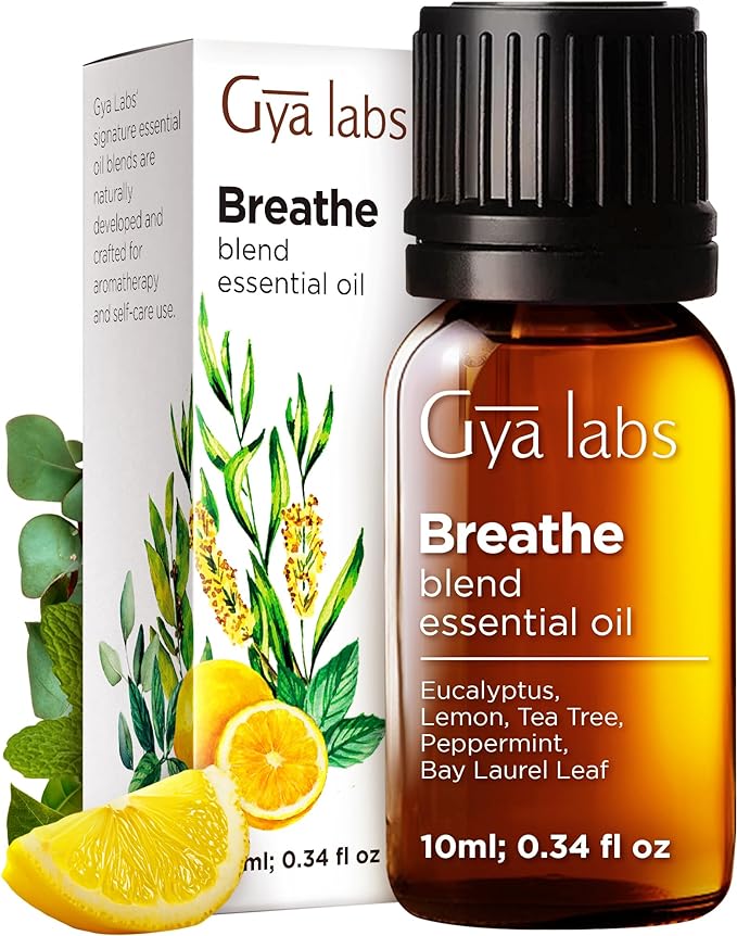 Gya Labs Breathe Essential Oil Blends - 100% Pure Natural Breathe Easy Essential Oils from Eucalyptus, Peppermint and More for Humidifier Cleaner (0.34 Fl Oz)