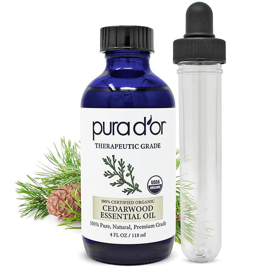 PURA D'OR Organic Cedarwood Essential Oil (4oz with Glass Dropper) 100% Pure & Natural Therapeutic Grade for Hair, Body, Skin, Aromatherapy Diffuser, Relaxation, Massage, Odors, Home, DIY Soap