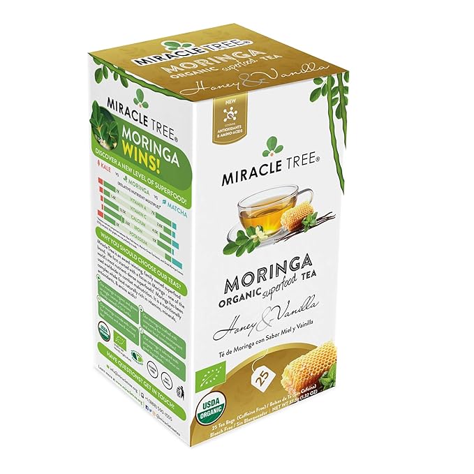 Miracle Tree - 3 Count of Organic Moringa Superfood Tea, 25 Individually Sealed Tea Bags, Honey & Vanilla (Keto, Detox, Energy/Immunity Booster, Vegan, Gluten-Free, Organic, Non-GMO, Caffeine-Free)