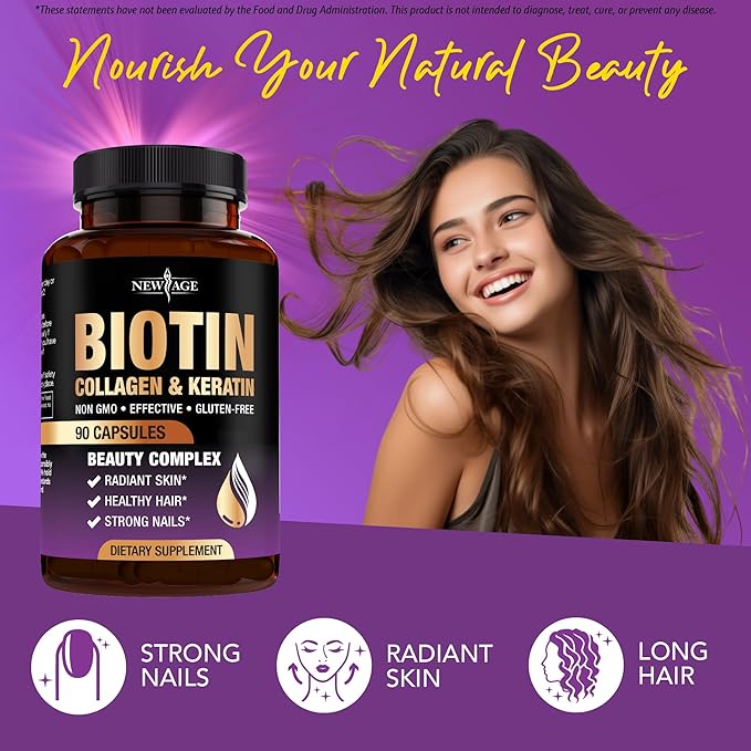 NEW AGE Biotin Collagen Keratin Hyaluronic Acid - 50,000mcg Hair Growth Vitamins for Men and Women, Nails, Hair, Skin Vitamins and DHT Blocker with Vitamin E Folic Acid Pumpkin Seed MSM- 180 Count