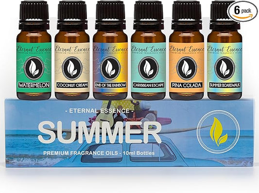 Eternal Essence Oils Summer Set of 6 Premium Fragrance Oils - Includes Watermelon, Caribbean Escape, Coconut Cream, End of The Rainbow, Pina Colada, and Summer Boardwalk Scented Oils - 10ML