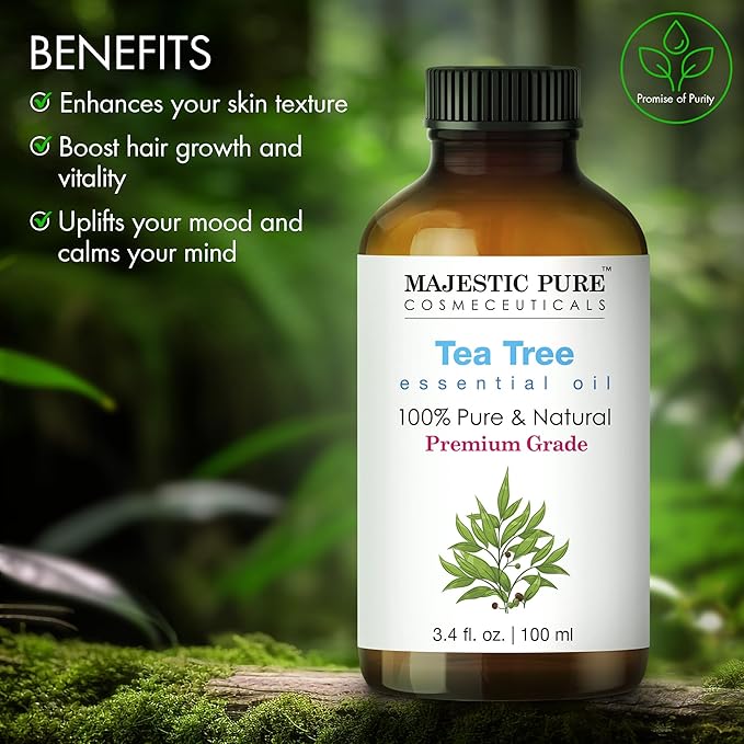 MAJESTIC PURE Tea Tree Essential Oil | 100% Pure and Natural | Premium Grade Essential Oils for Hair Care, Home Diffusers, Skin, Aromatherapy, Massage and Humidifiers | 3.4 Fl Oz