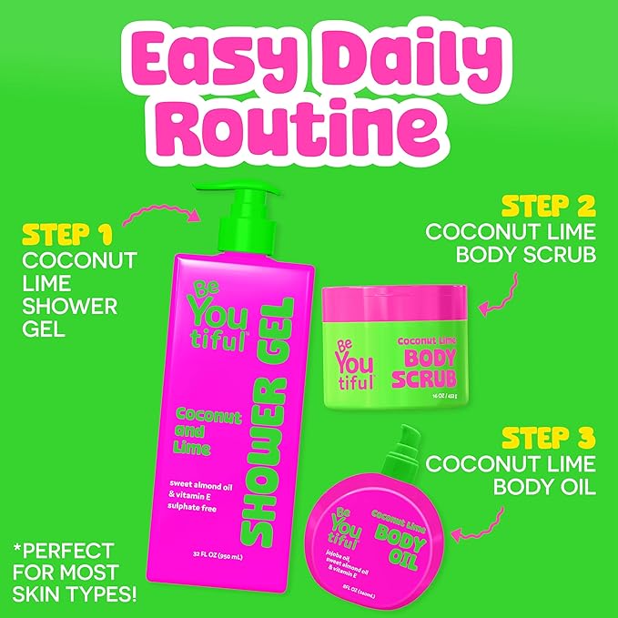 BeYoutiful Coconut Lime Body Oil for Kids & Teens, Hydrating Glow Oil for All Day Moisture with Jojoba & Sweet Almond, Soft, Smooth Skin, 8 oz