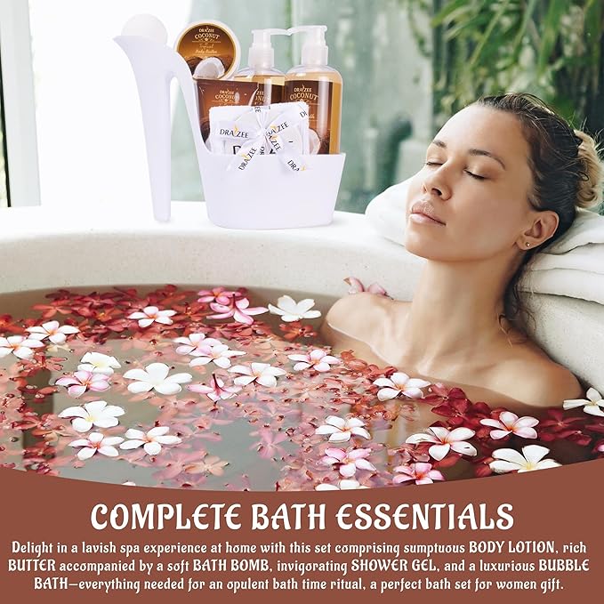 Draizee Mothers Day Gifts for Mom- Spa Gift Baskets for Women, 8 Pcs Luxury Coconut Scented Heel Shoe Design Bath and Body Spa Set, Presents for Mom, Body Care Set for Her, Self Care Package for Women
