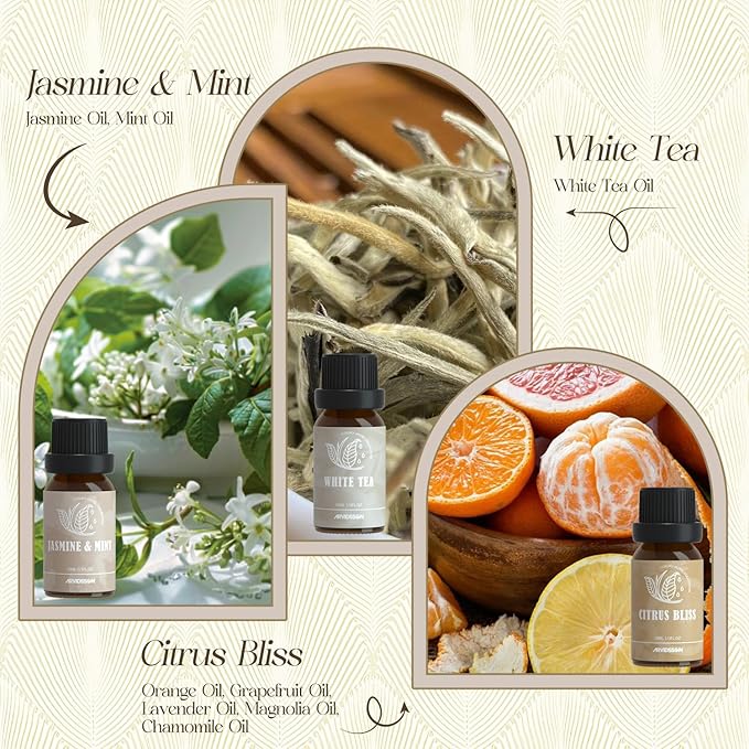 Hotel Diffuser Oils Gift Set, ARVIDSSON Luxury Fragrance Oil Blend, Hotel Scent Essential Oils for Diffuser, Jasmine & Mint, White Tea, Citrus Bliss, My Way, Gift for Women and Men