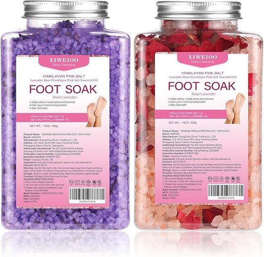 Foot Soak Kit -46 oz, Pack of 2 Natural Epsom Salt Rose, and Lavender- Essential Oils Foot Athletes Foot spa Itching,Foot Bath Salt Tea Tree Oil Foot Soak Foot Care Pedicure Feet spa Message