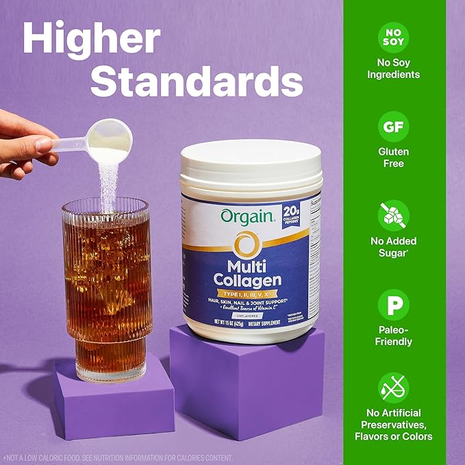 Orgain Hydrolyzed Multi Collagen Powder for Women & Men, 20g Collagen, Supports Hair, Skin, Nail & Joint Health, Type I, II, III, V, X, Vitamin C & Amino Acids, Non-GMO, Unflavored (21 Servings) 15oz