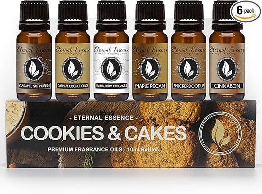 Eternal Essence Oils Cookies & Cakes Set of 6 Premium Fragrance Oils - Includes Caramel Nut Muffin, Oatmeal Cookie Dough, Malibu Rum Cupcakes, Maple Pecan, Snickerdoodle, and Cinnabon - 10ML