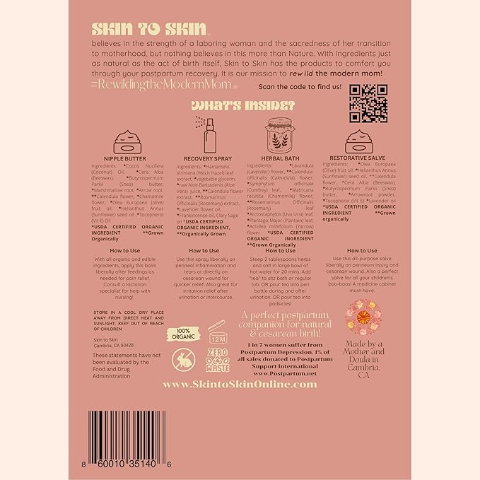 Skin to Skin Postpartum Recovery Kit - 4 Piece Set in Cosmetic Bag - Includes: Herbal Bath, Recovery Spray, Restorative Salve, Nipple Butter - After Birth Care