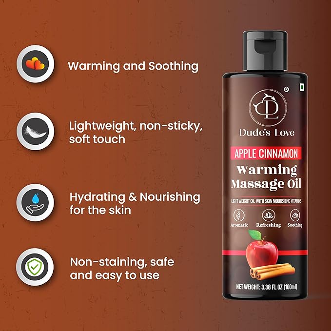 Dude's Love - Organic - Flavored Warming Body Massage Oil - Apple Cinnamon | No Stain - Non-Sticky | Nourish & Moisturize Skin | Aromatherapy Vegan Oil - 3.38 Fl Oz