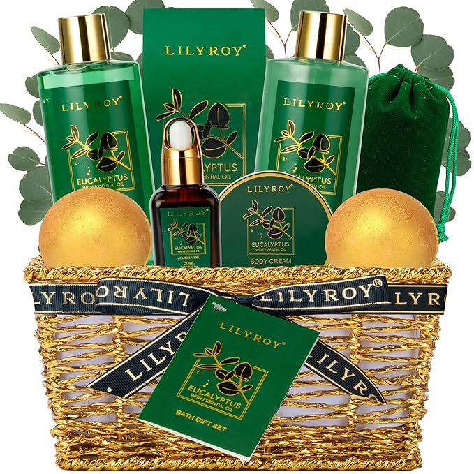 Bath & Body Gift Basket for Mothers Day - 10-Piece Eucalyptus Luxury Spa Set for Women & Men, Relaxation, Aromatherapy Ideal for Christmas, Father’s Day, Birthday with Shower Gel & More for Her & Him