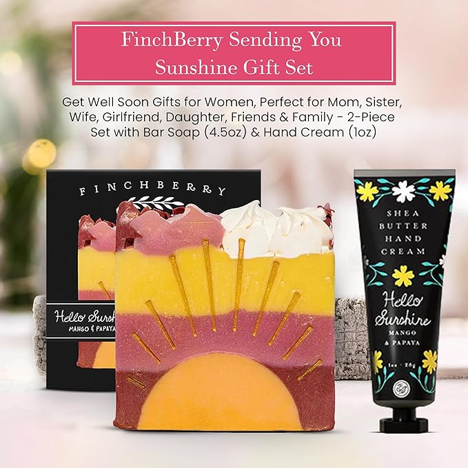 FinchBerry Sending You Sunshine Gift Set - Get Well Soon Gifts for Women - Perfect for Mom, Sister, Wife, Girlfriend, Daughter, Friends & Family - 2-Piece Set with Bar Soap (4.5oz) & Hand Cream (1oz)