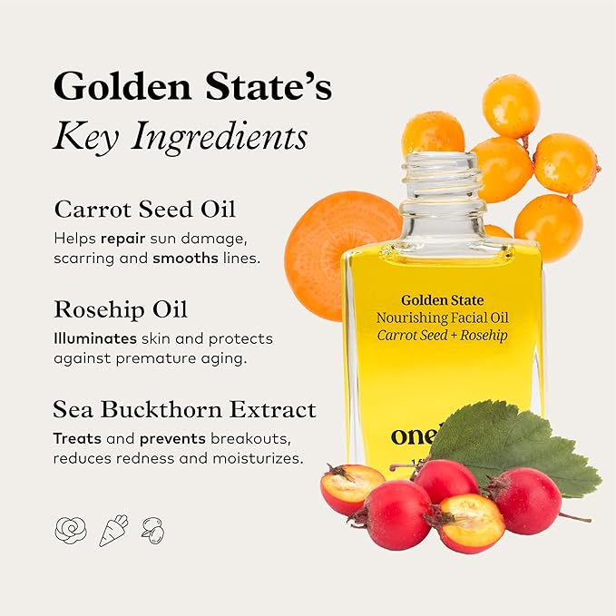 Onekind Golden State All-Natural Nourishing Facial Oil, Non-Comedogenic, Anti Aging Botanical Face Oil with Sea Buckthorn Extract, Rosehip, Carrot Seed and Apricot Oil for Skincare and Guasha, 1 Ounce