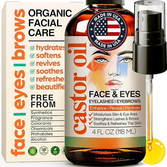 Organic Castor Oil For Face Moisturizer, Eyes, Eyelashes, Eyebrows, Wrinkles with Jojoba, Rosehip, Grapeseed, Squalane, Palmarosa, Bergamot and Vitamin E for Gentle Skin, Men & Women 4oz