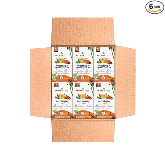 Miracle Tree - 6 Count of Organic Moringa Superfood Tea, 25 Individually Sealed Tea Bags, Pumpkin Spice (Keto, Detox, Energy/Immunity Booster, Vegan, Gluten-Free, Organic, Non-GMO, Caffeine-Free)