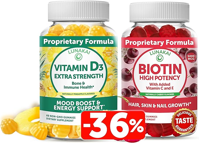 Lunakai Biotin and Vitamin D3 Gummies Bundle - Hair Skin and Nails Growth Gummies with Vitamin C and E - Immunity, Bone and Mood Support Supplement - 30 Days Supply