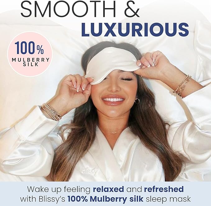 Blissy Silk Sleep Mask - Silk Eye Sleeping Mask for Women & Men for Total Blackout - 100% Pure Mulberry Silk, 22 Momme 6a Fibers - Blindfold Silk Sleep Mask Side Sleeper Eye Cover (White)