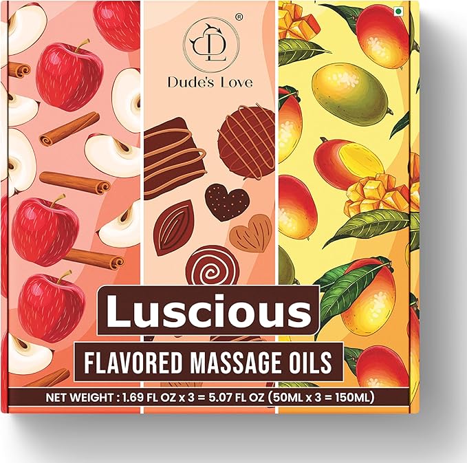 Dude's Love Luscious Flavored Massage Oil Set - Pack of 3 - Organic - Chocolate, Apple Cinnamon, Mango Ginger - Non-Sticky, Nourishing & Moisturizing - Aromatherapy Vegan Oil - 1.69 FL OZ x3