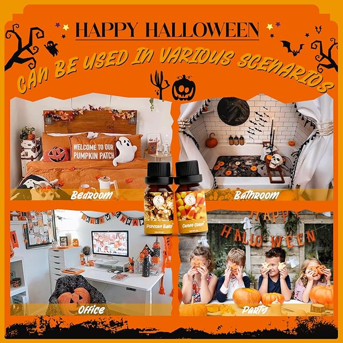 Halloween Essential Oils Set, Fragrance Oil Gift Set for Oil Diffusers, Scented Oils 6x10ml - Caramel Apples, Pumpkin Pie, Candy Corn, Halloween Cookies, Chocolate Bars, Popcorn Balls