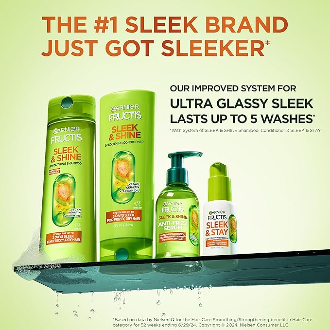 Garnier Fructis Sleek and Shine Sleek and Stay Hair Serum for Frizzy, Dry Hair, Heat Protectant Formulated with Alpha Silane, 1.7 Fl Oz