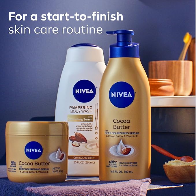 NIVEA Cocoa Butter Body Lotion with Deep Nourishing Serum, Cocoa Butter and Vitamin E, 48-Hour Moisturizing Body Lotion for Dry Skin, Nourishes Dry Skin for Visible Radiance, 16.9 Fl Oz Pump Bottle