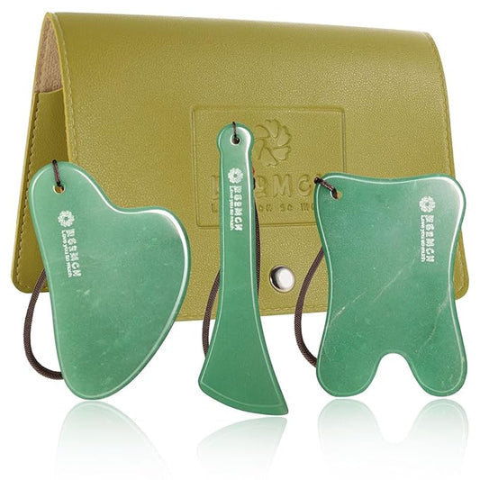 3PC Gua Sha Tools Set - Natural Nephrite Jade Facial & Body Stones, Hypoallergenic Skin Care Kit with Adjustable Cord & A Thoughful Acessory Pouch
