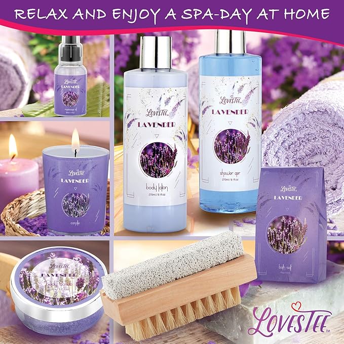 Monthers Day Gifts, Relaxing Lavender Spa Gift Baskets for Wome Birthday, Bath and Body Set-Kit Includes Candle, Essential Oil, Body Scrub, Bath Salt, Body Lotion, Shower Gel and Body Scrub Brush